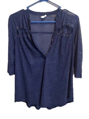 Siren Lily Women's Large Blue Mineral Wash Grommet closure Sheer Top